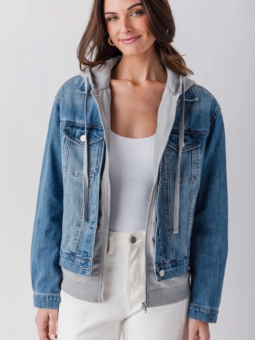 Risen Women’s Layered Denim Jacket with Gray Hoodie from Social Threads